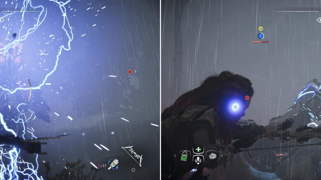 Your War Bow comes in very handy against the Longleg, as you can use Shock Arrows to stun the machine (left) and subsequently target its Power Cells (right).