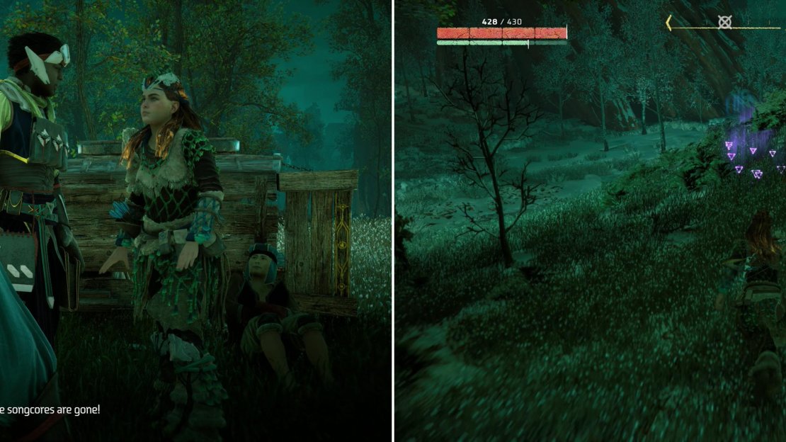 After fending off a host of machines, the caravan will discover mor resources missing (left) after which you’ll need to use your Focus to track down the thief (right).