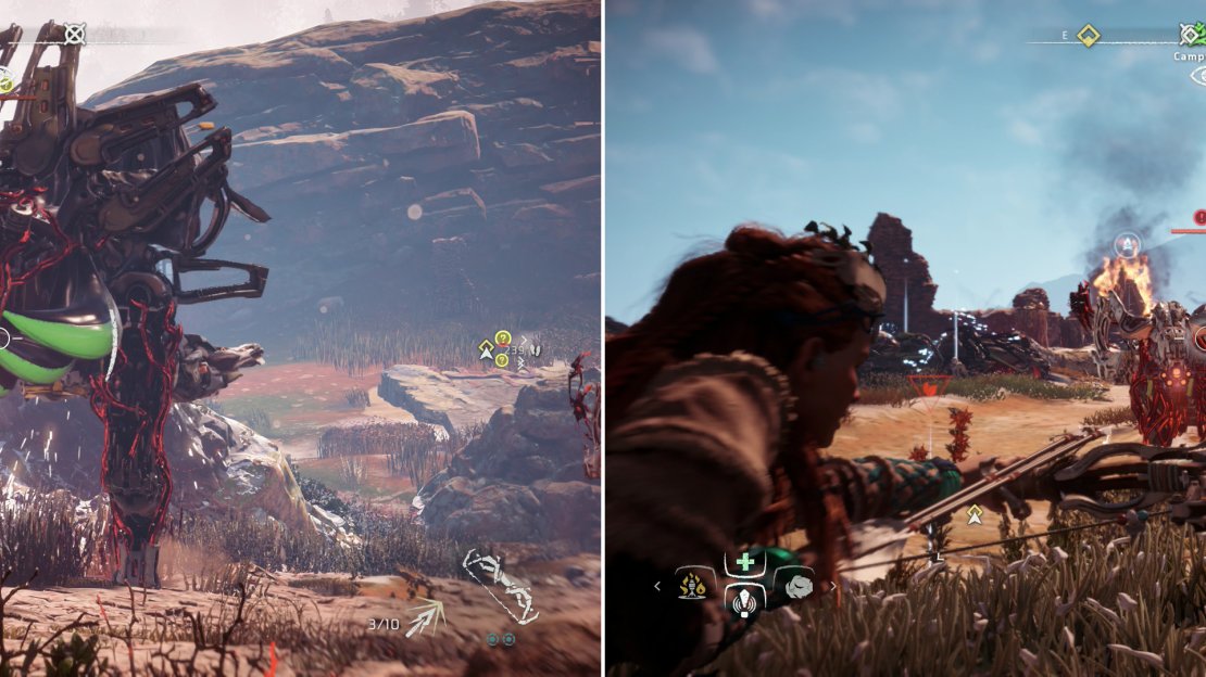 The Corrupted Fire Bellowback is tougher, but the strategy remains the same - aim for the Cargo Sac and Gullet with Tear-damage weapons (left). You can target the horns of Corrupted Chargers for more damage (right).