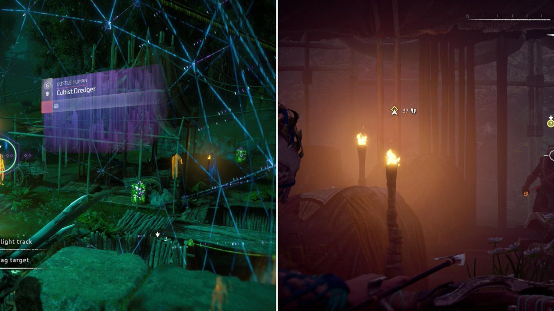 Once again, scan for and mark you foes (left) after which stealthily taking them out should be a trivial matter (right).