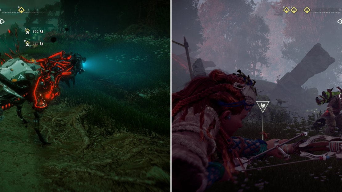 Disable the Corrupted Watchers near the first Cultist camp (left) then put the Cultists down (right).