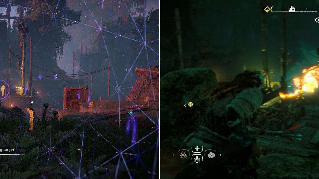 Scan the southern Cultist camp and mark the locations of the Cultists (left) then take them out with whatever means present themselves (right).