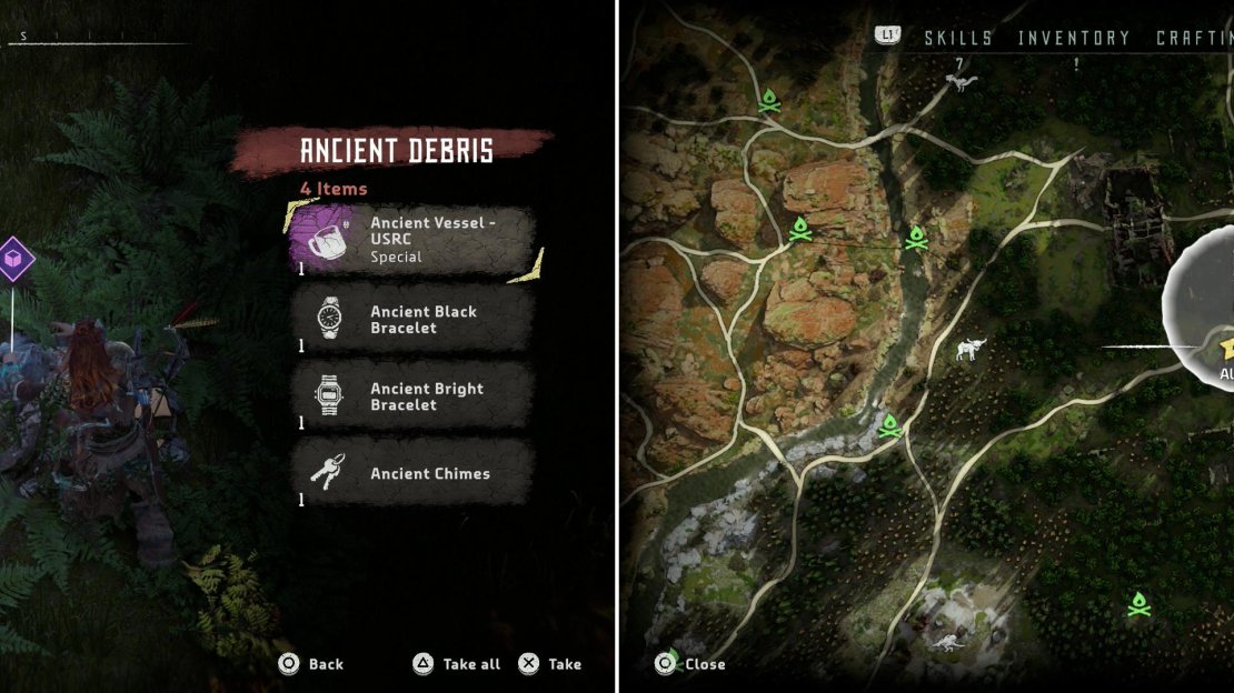 Search a pile of Ancient Debris to find Ancient Vessel - USRC (left) at the location indicated on the map (right).