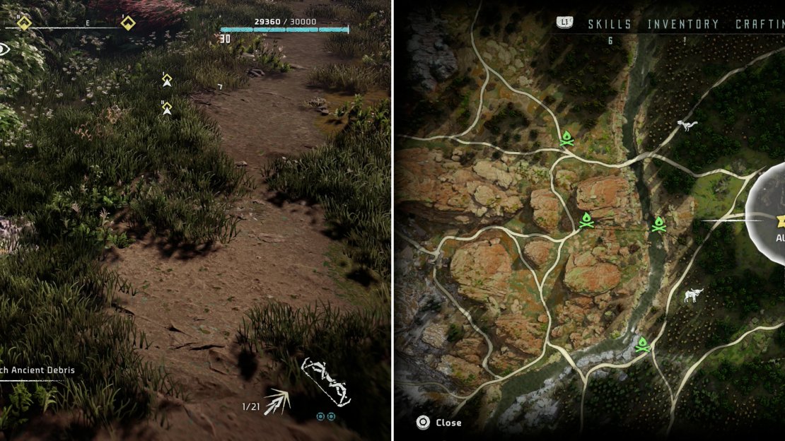 Search near the central Cultist camp to find the Ancient Vessel - Miriam (left) at the area indicated on the map (right).