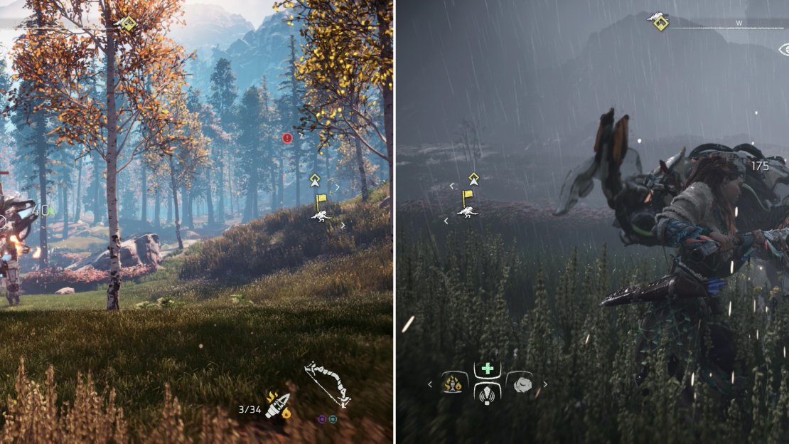 You can target the vulnerable Cargo Sac and Gullet of the Freeze Bellowback, or you can just pelt them with Fire Arrows (left). Broadheads, much like Chargers, are smaller herbivore-mimics that can be dispatched with Silent Strike (right).