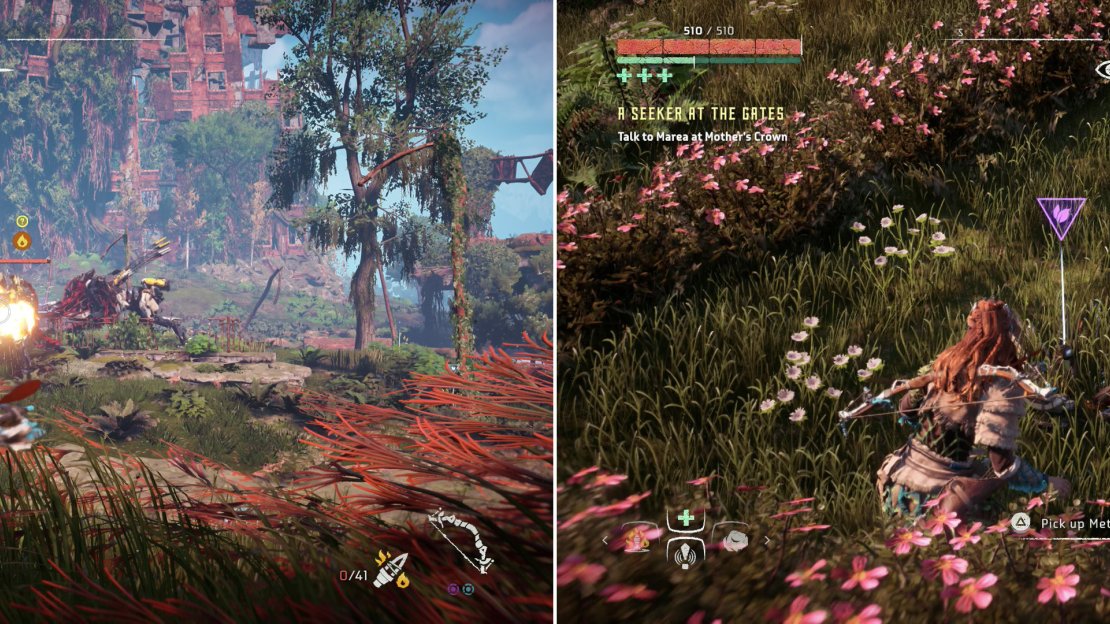 Against a pair of Corrupted Sawtooths, you’ll have to rely on their vulnerability to fire damage (left) or just ignore them entirely and sneakily grab Metal Flower - Mark I (G) right out from under their robo-noses (right).