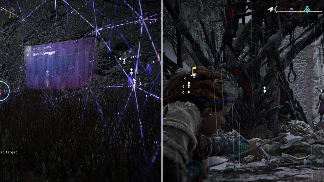 Scout the camp with your Focus and mark enemies (left) which will make picking off exposed targets from the edge of camp much easier (right).