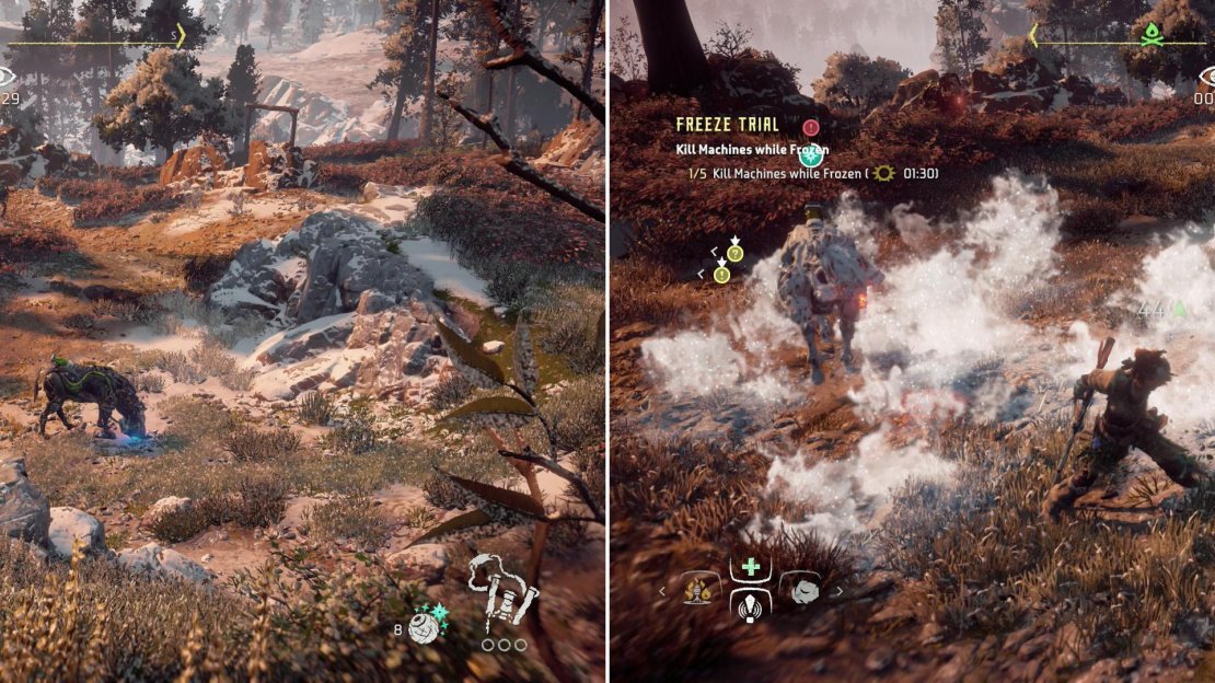 Use the Sling to freeze groups of Striders (left) then quickly dispatch them in melee (right).