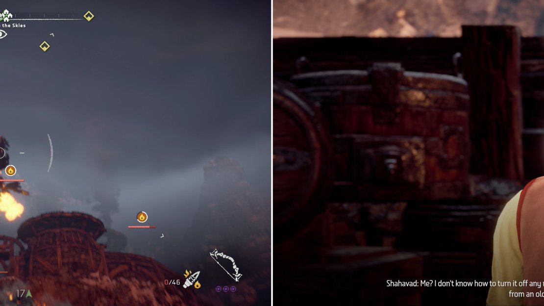 Shoot down the Glinthawks assaulting Pitchcliffs (left) then talk to Shahavad to learn what’s luring them (right).
