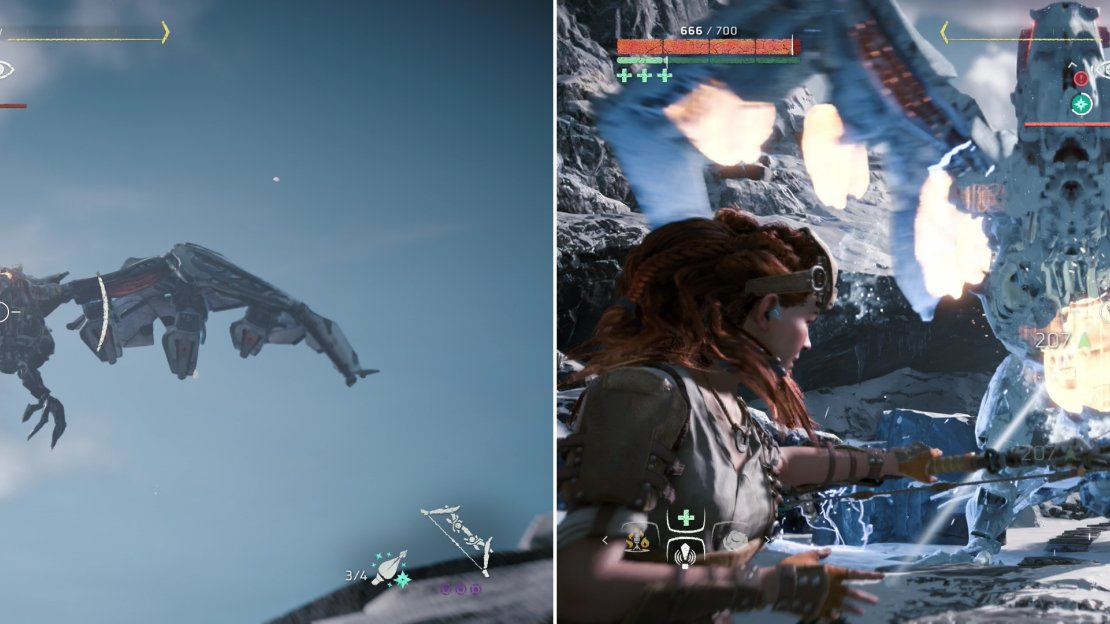 Pelt the Stormbird with Freeze Arrows to knock it out of the sky (left) and leave it more vulnerable to impact damage (right).