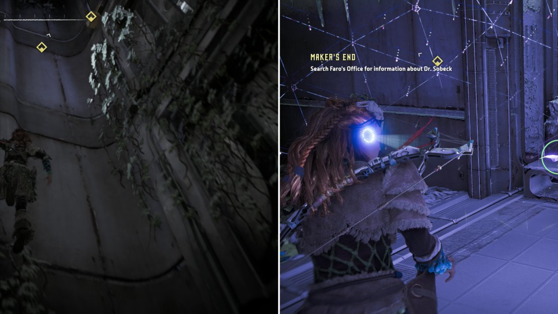 Much of your time in the Faro building will be spent climbing elevator shafts (left) and scanning datapoints to better understand the fall of the ancients (right).