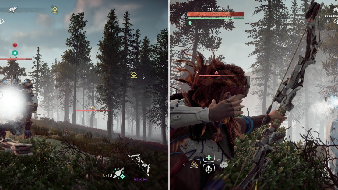 Freeze Arrows aren’t as effective against the Behemoth as they are against other big machines (left), but the damage boost is still welcome, especially if a Freeze Canister is struck (right).