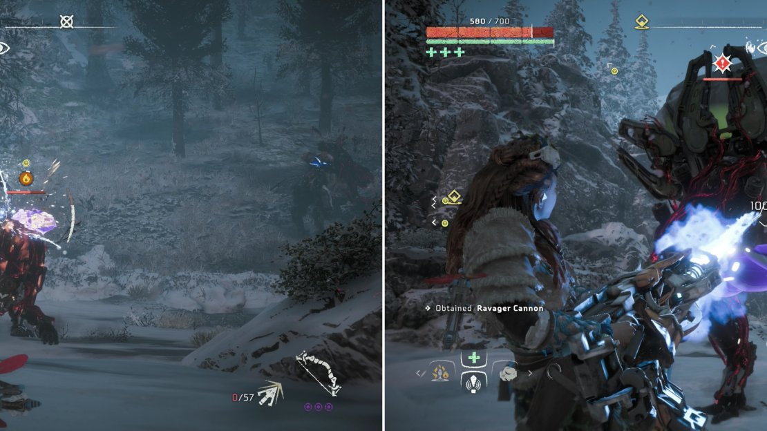 Shoot the Ravager Cannon off the back of the Ravager (left) then use the captured weapon against the corrupted machines (right).