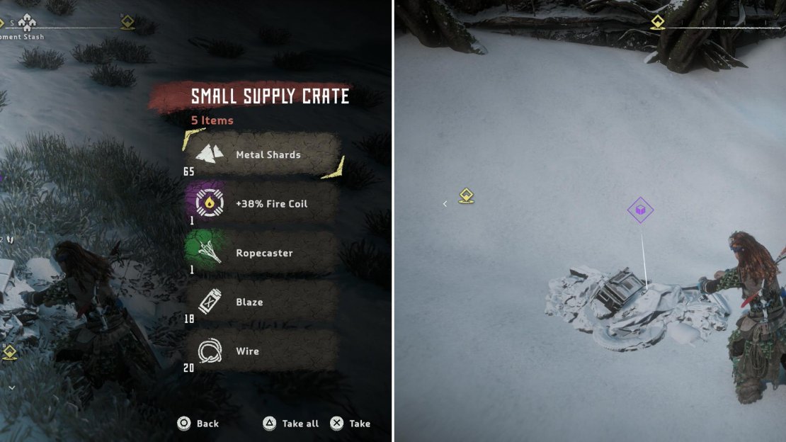 Search the supply cache left for you by your mysterious Focus-friend (left) then loot a pile of Ancient Debris to score the Ancient Vessel - Metallurgic (right).