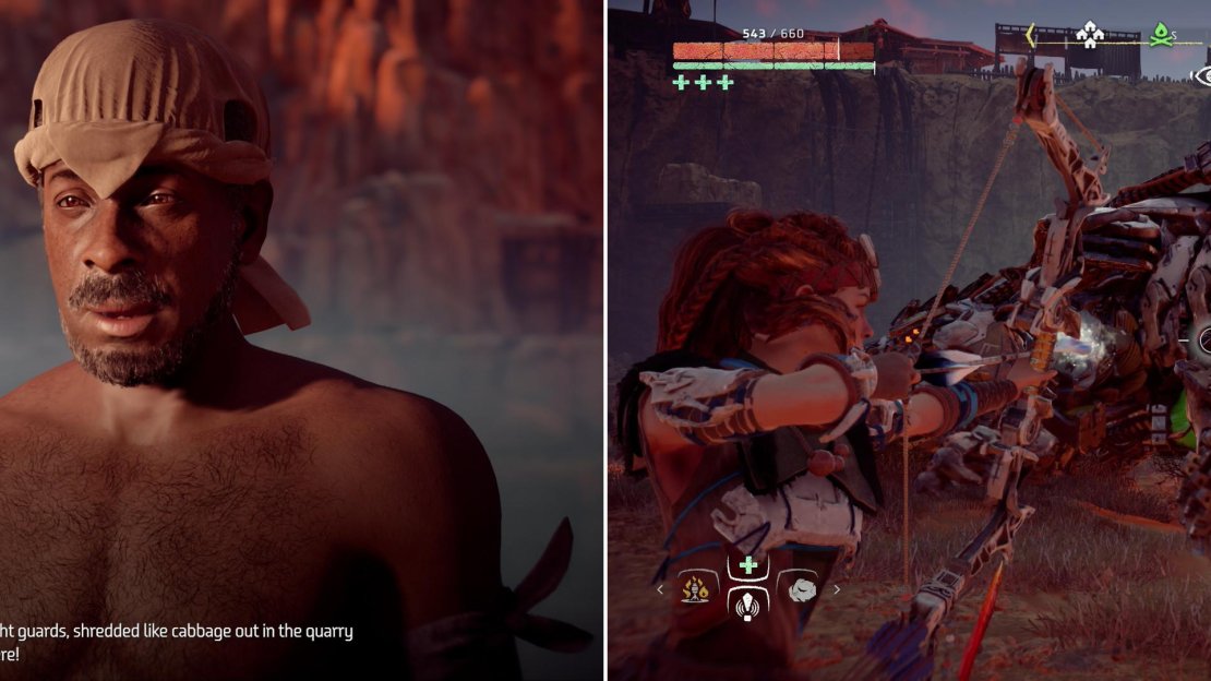 Talk to the Quarry Foreman to lean about a massacre in the quarry (left). The Rockbreaker is particularly vulnerable to freeze damage (right).