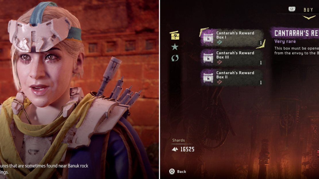 Cantarah seeks Banuk Figurines (left) for which she’ll trade reward boxes (right).