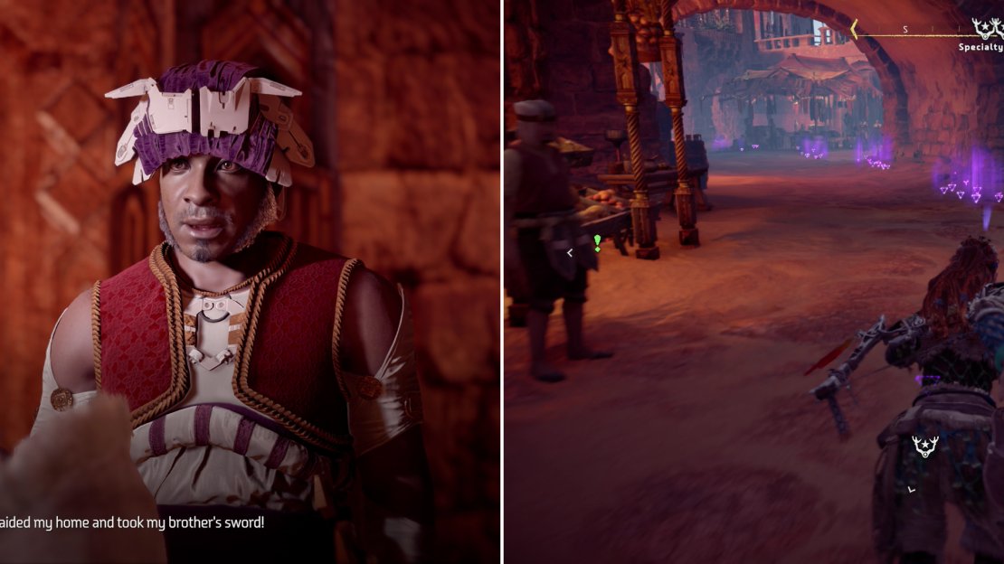 Talk to Ravan to learn about his plight (left) then track down the thief, who generously left a blood trail (right).