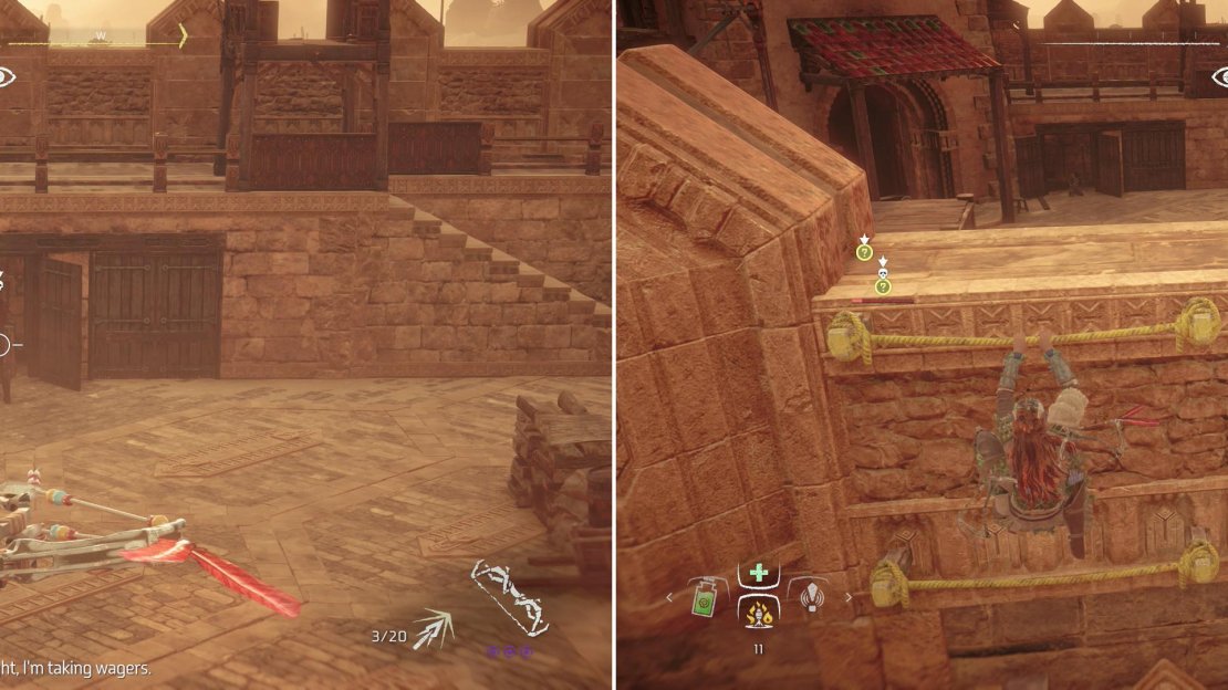 Assassinate the Shadow Carja in the keep (left) and take cover along a wall if they get wary (right).