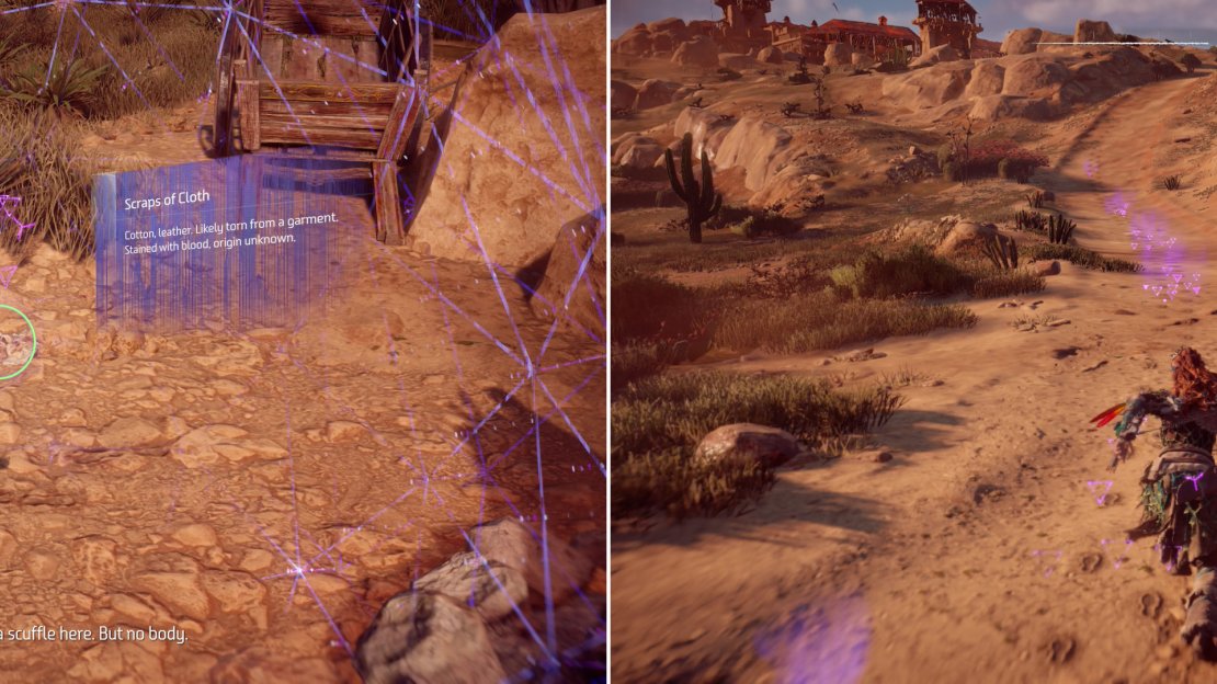 Use your Focus to scan the Campfire (left) then follow the trail you pick up to the west (right).