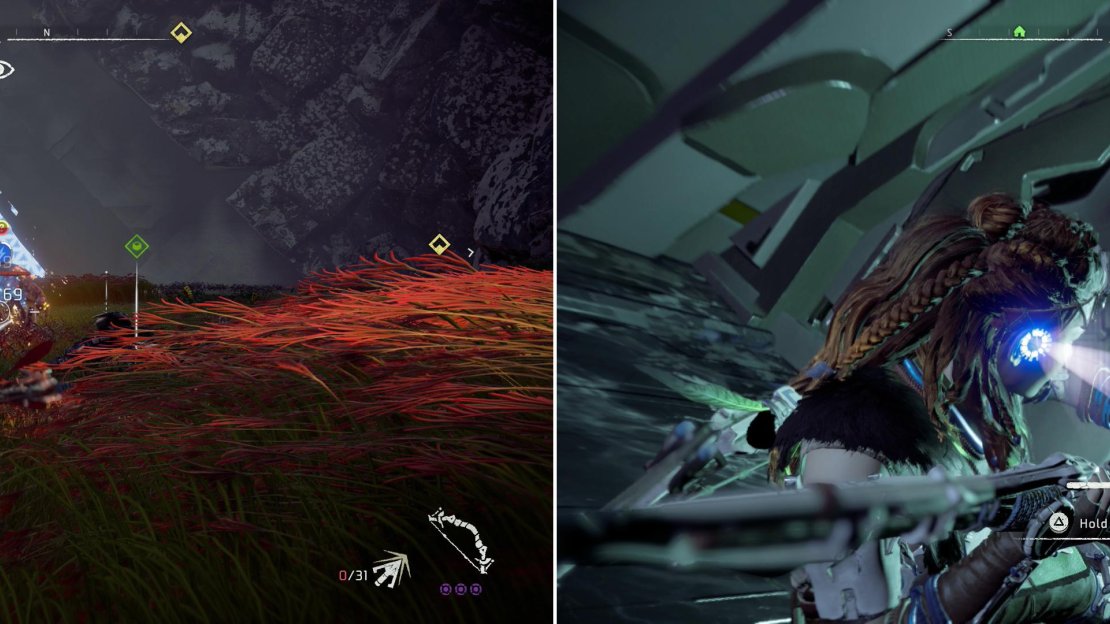 Take down the Stalkers outside the force-field blocked entranced to Cauldron ZETA (left) then climb a nearby cliff to find a secret entrance (right).