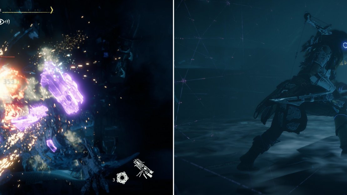 Once frozen, grab the detached Disc Launcher and give the Thunderjaw a taste of its own medicine (left) then hack Cauldron Zeta’s core (right).