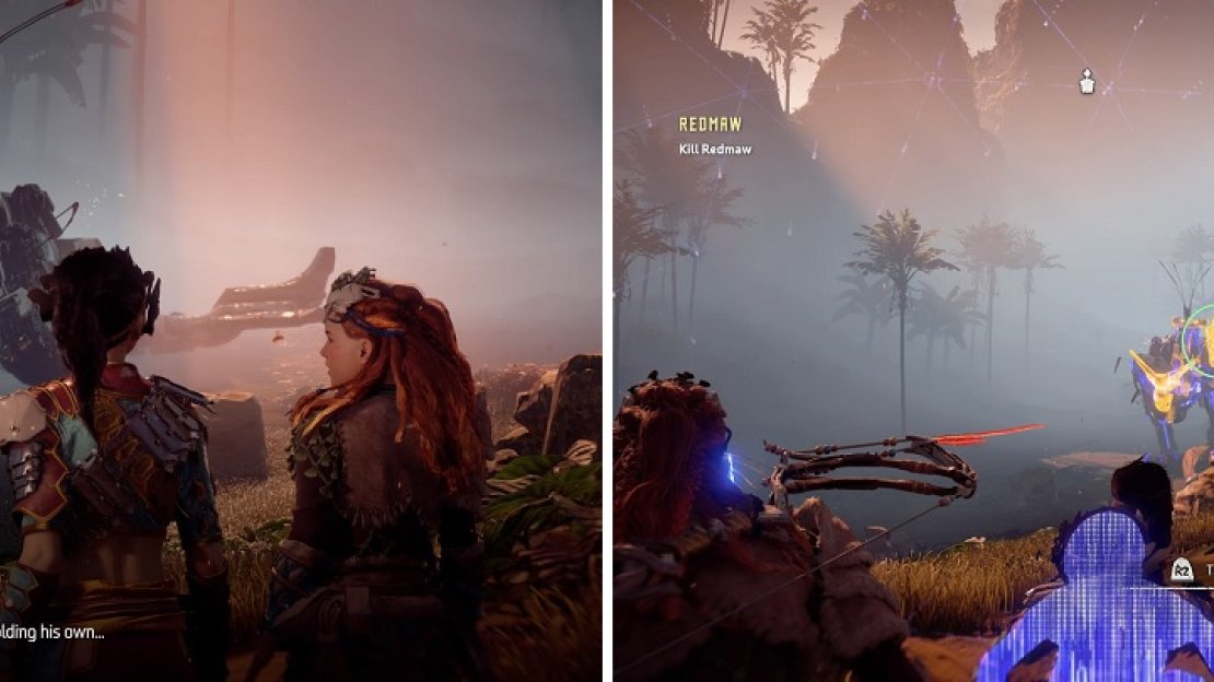 Redmaw may be menacing, but he’s a normal Thunderjaw (left). He only has one disc launcher when you fight it (right).
