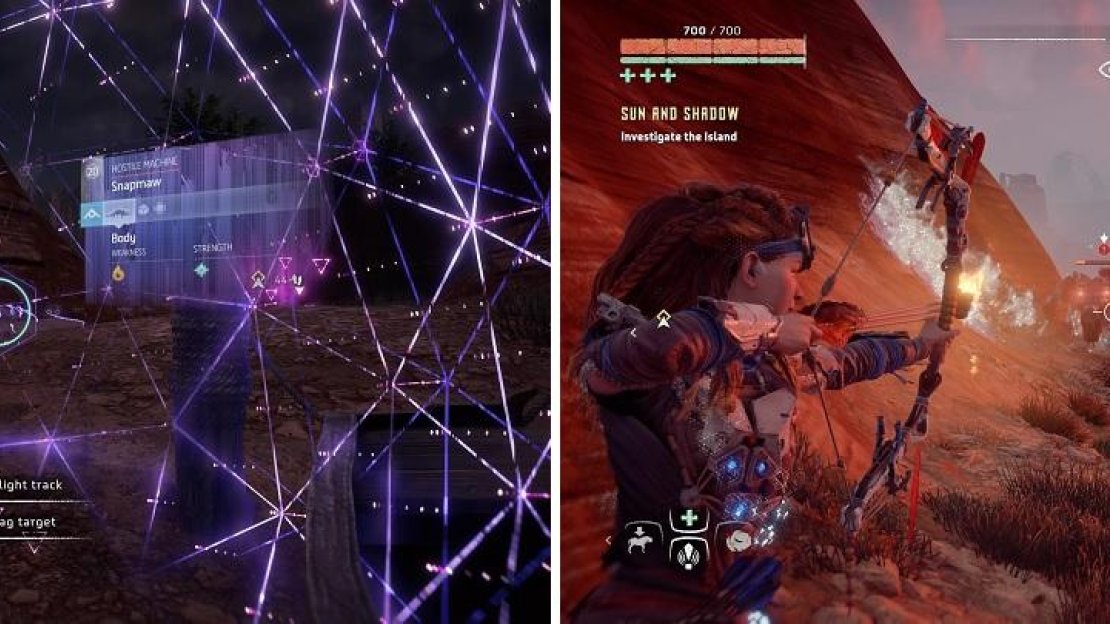 When you arrive on the island, look out for a Snapmaw (left). Fire arrows work well on them (right).