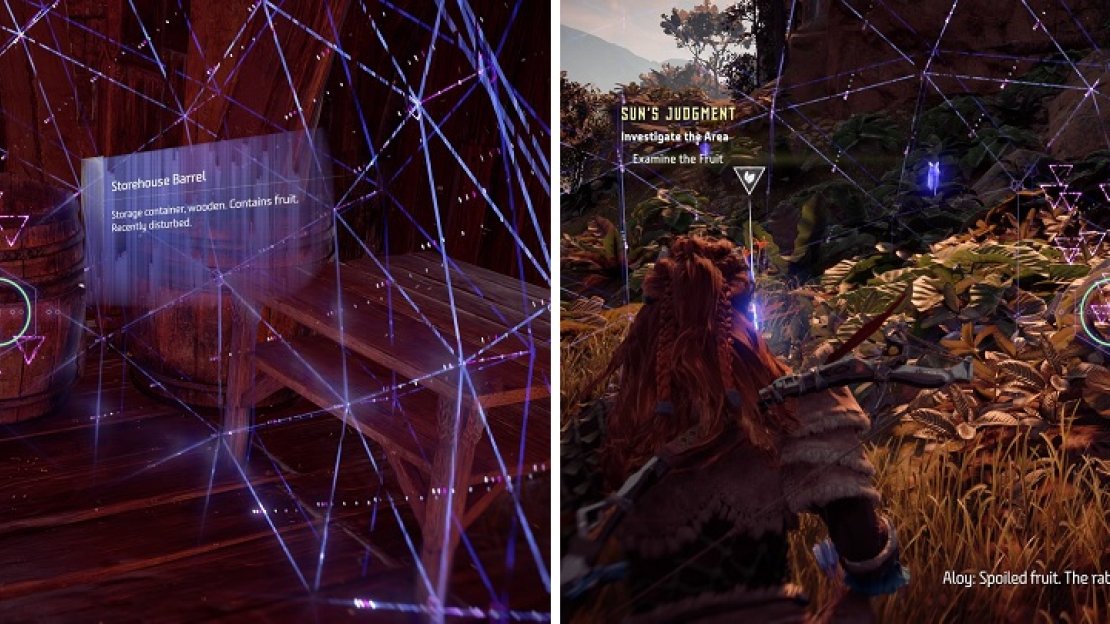 The barrel in the storehouse is your first clue (left). Later on, you’ll need to use your Focus a lot in tracking down the fruit trail (right).