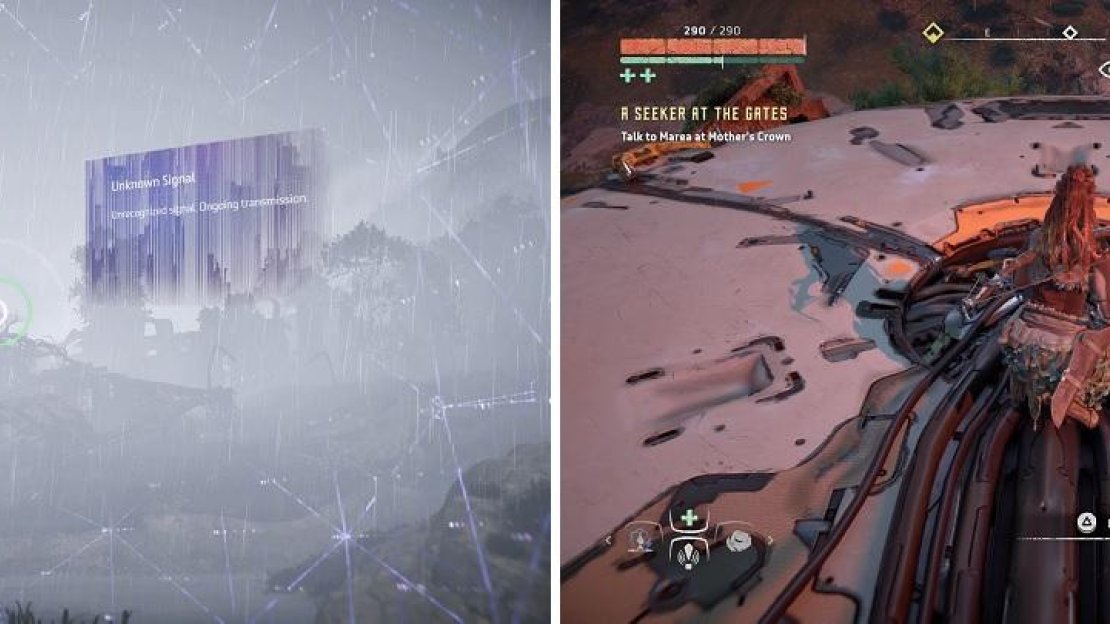When close enough, look for the signal with your Focus (left). Once you climb the Tallneck, override it to finish that side activity (right).