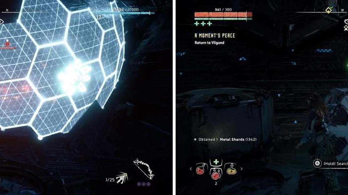 The Shell-Walker has a shield to block your shots (left). Knock off its crate to gain some nice loot (right).