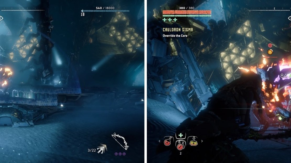 The machine inside of the bubble will be your final opponent in the Cauldron (left). Target the gullet and sac on the Fire Bellowback (right).