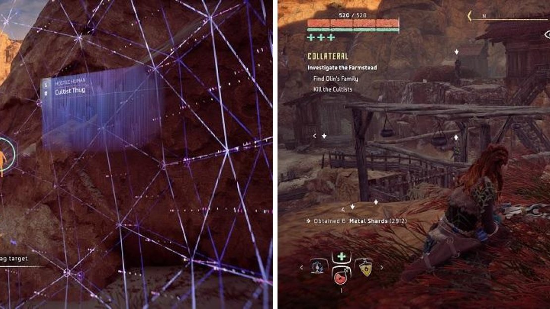 Kill the cultist on the ledge (left) to get a perfect view of the camp below it (right).