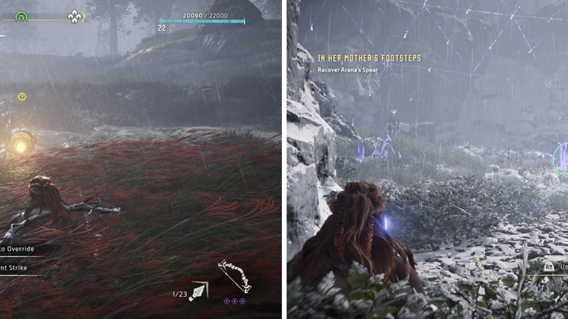 Use the tall grass to take out the Watchers surrounding Arana (left). The Scrapper shown is the one with the spear sticking out of it (right).