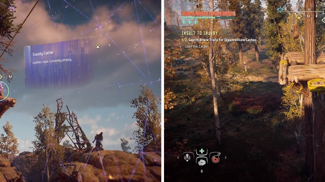 The Dreamwillow stashes are located in treetops (left), requiring you to find ways to climb to reach them (right).