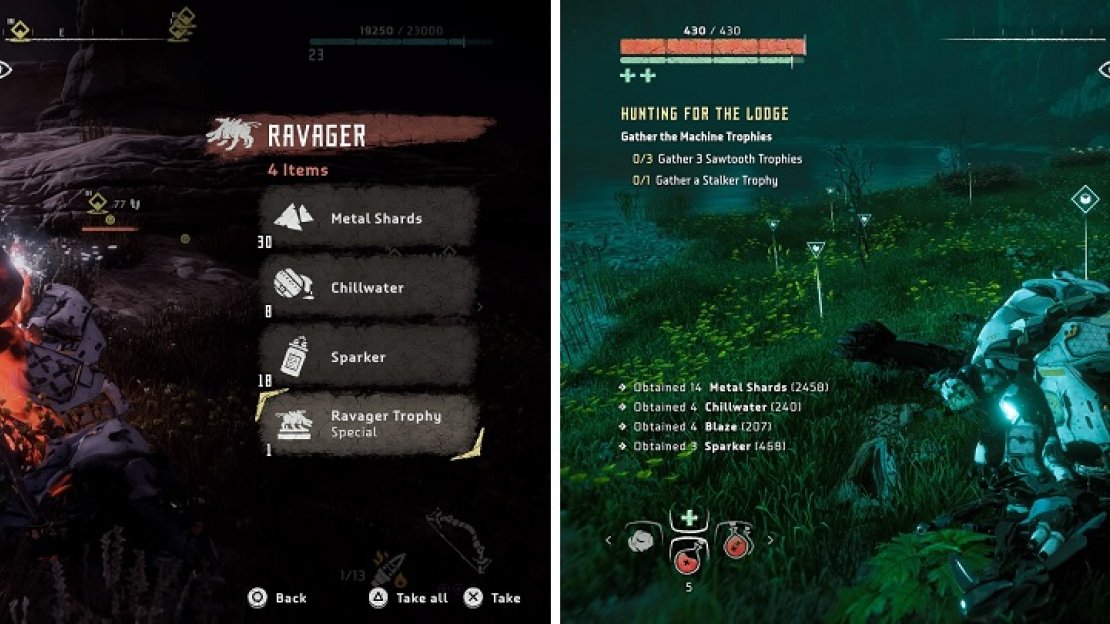 The designated machines don’t drop the trophies unless you have this part in your log (left). You also can hunt them anywhere on the game’s map (right).