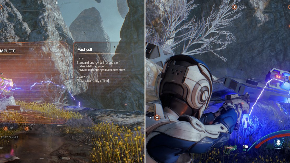 Scan (left) then destroy a malfunctioning Fuel Cell (right) to pass by safely.