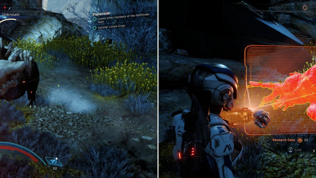 Be wary of a cloaked quadruped (left) which will attempt to ambush you. After it’s dead, be sure to scan it (right) for a great deal of Heleus Research Data.