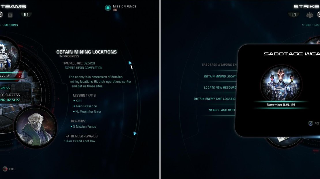 Different missions and strike teams have different traits, which work together to determine your odds of success (left). Successfully completing missions earn you rewards (right).