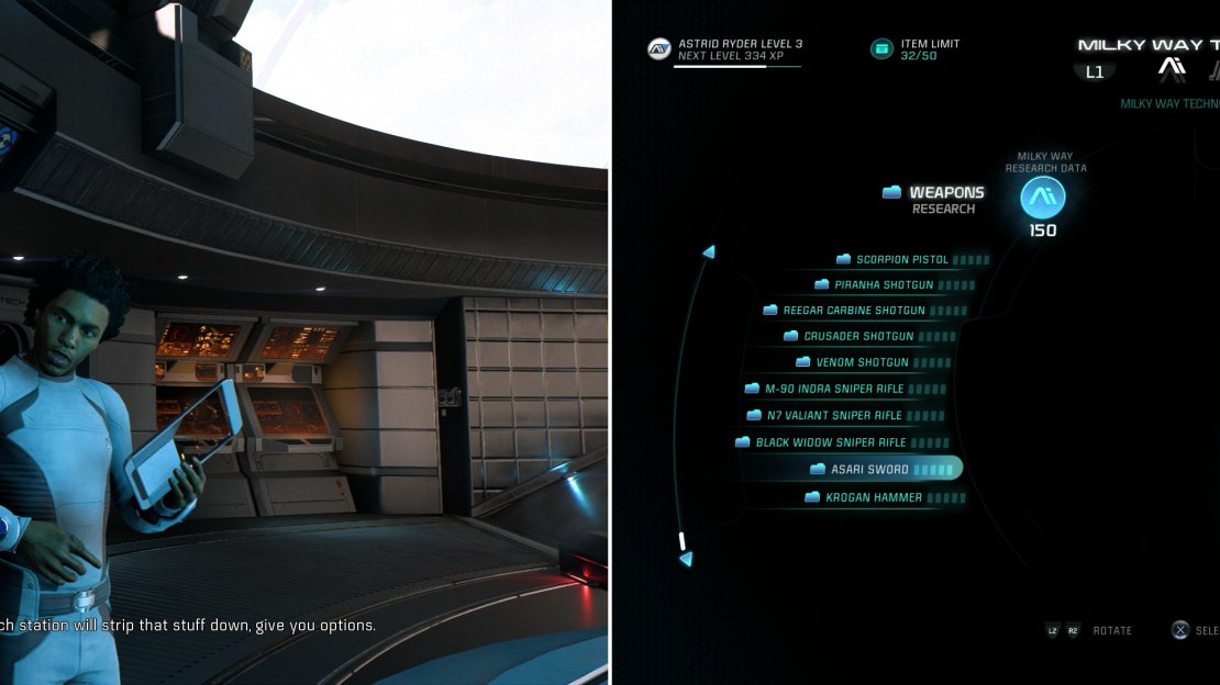 On the Tempest Liam will explain the Research Center terminal (left) which you can use to research and create new arms and armor (right).