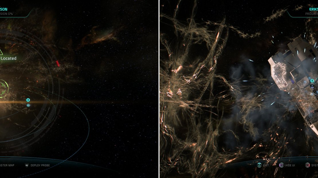 Scan the Eriksson system for anomalies to find a Starship Wreckage (left) then fly in for a closer look to confirm the fate of the scientists (right).