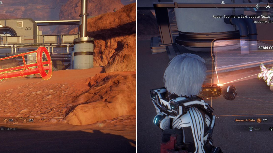 There’s plenty of discarded Initiative equipment you can scan to earn Milky Way Research Data points (left). Sadly, the Initiative left behind more than equipment - scan colonist bodies to start the quest “Task: Naming the Dead” (right).