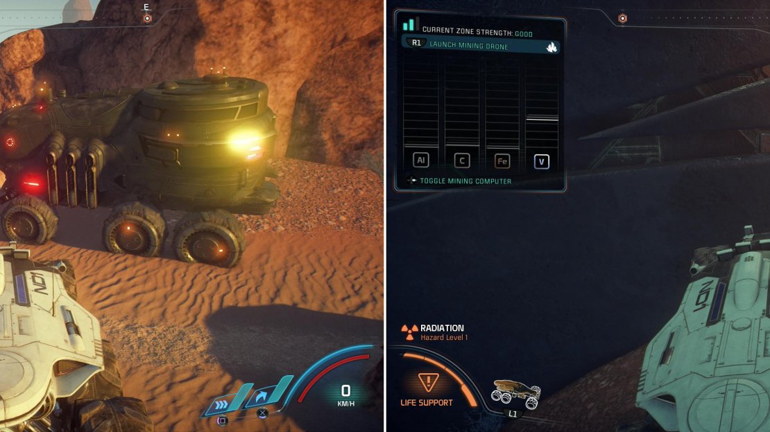 Near the second monolith you’ll find a Mining Zone, which you can exploit for minerals (left). Be aware that while high amounts of common minerals might be easier to find, rare nodes are often more picky (right).