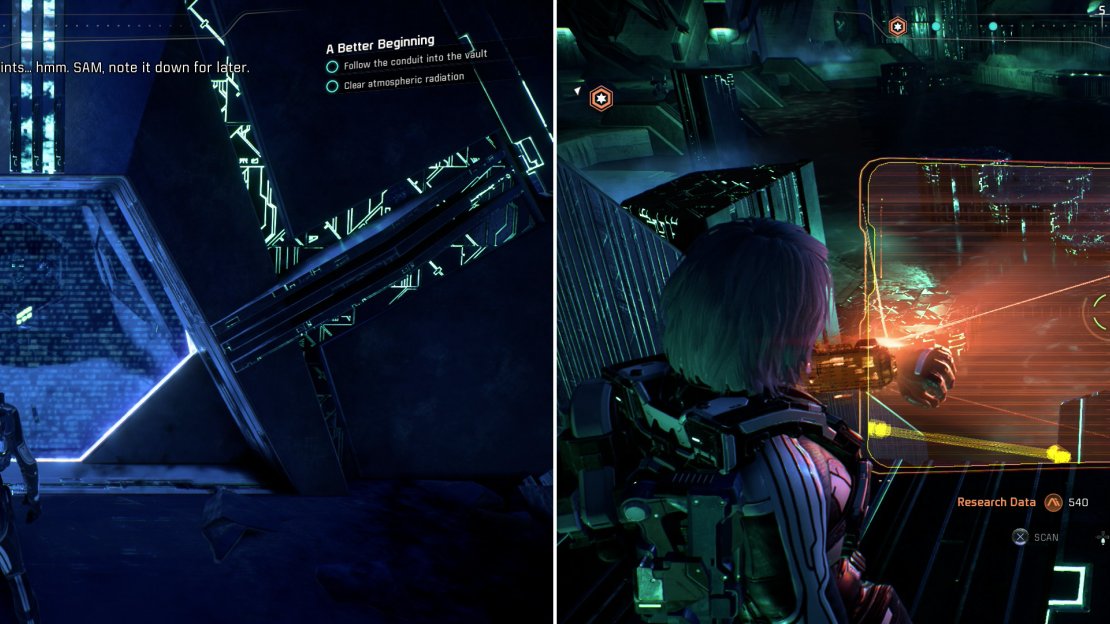 Note an energy barrier, behind which loot hides (left) which you’ll need to return to later. All you need to know about the “Unknown Ferrofluid” in the vault is that you don’t want to fall into it (right).