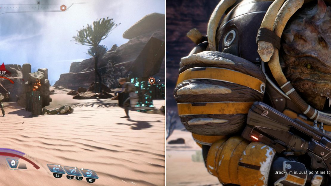 Kill the Kett near the outpost site (left), after which Drack will join your team (right).