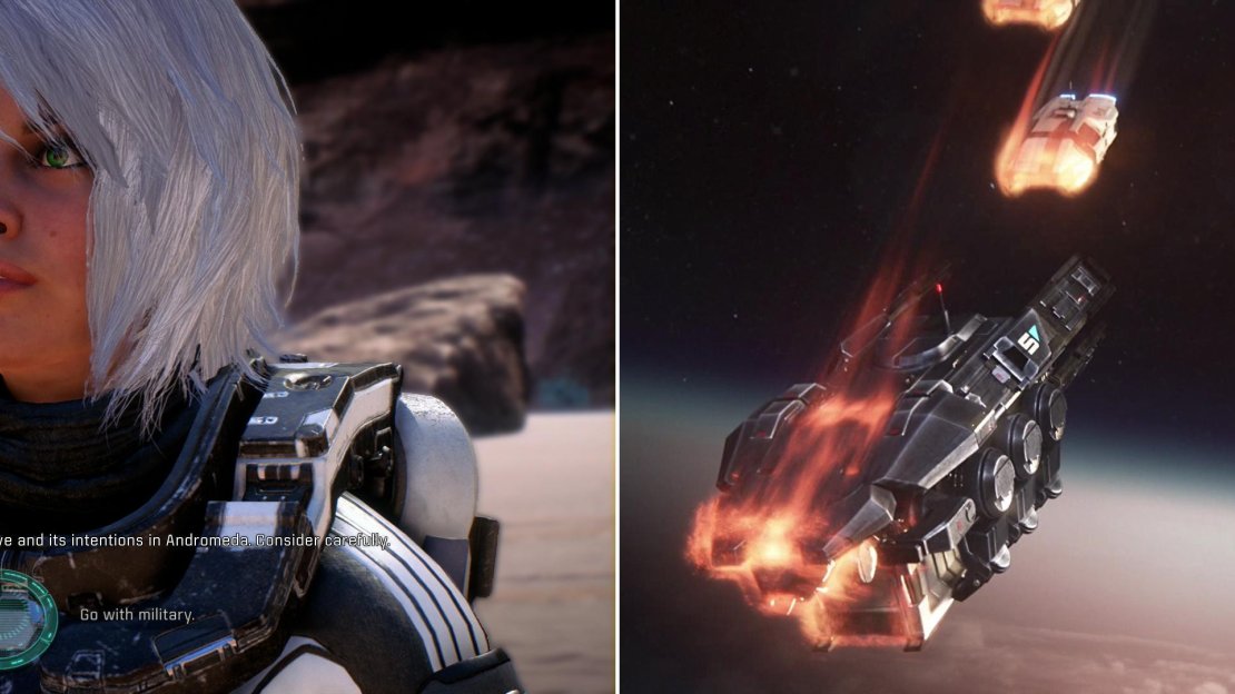 Decide whether the first outpost in the Heleus cluster will be a military outpost or a scientific one (left), then witness the birth of Outpost Prodromos (right).