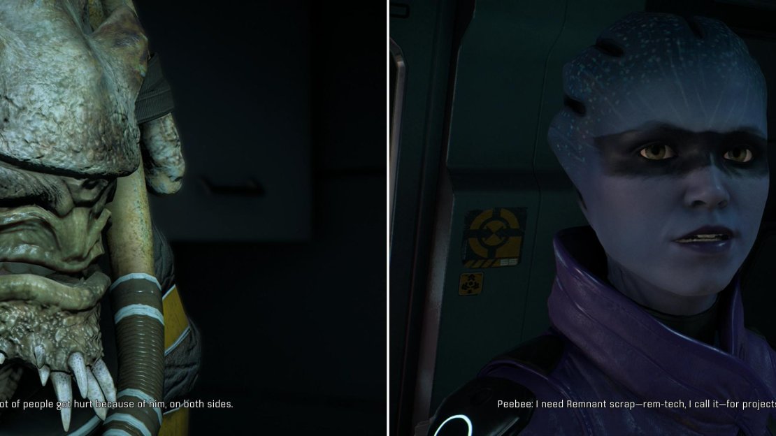 Chat with Drack (left) and Peebee (right) on the Tempest to learn more about your new crewmembers and perhaps start up a new quest.