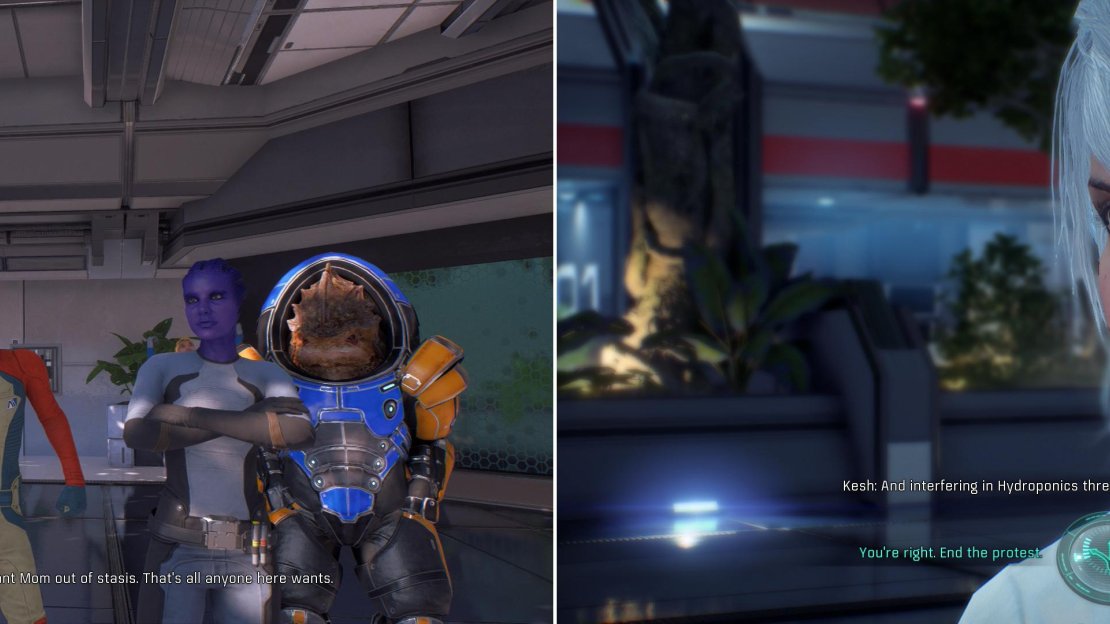 Talk to some malcontents outside the Vortex (left) then meet with the Nexus leadership and make a decision about how to deal with them (right).
