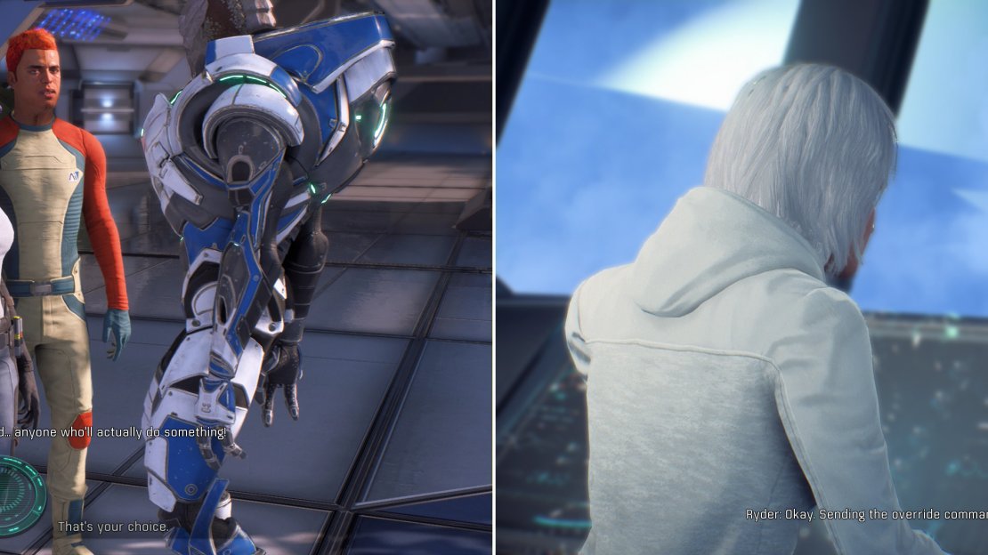 If you side against the angry colonists, shame them into staying or let them leave (left). On the other hand, if you pull their relatives out of cryo, they’ll naturally be much happier (right).