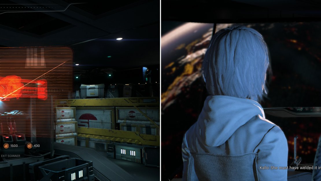 Scan an anomaly in the Armory (left) after which Kallo will explain the stowaway device (right).