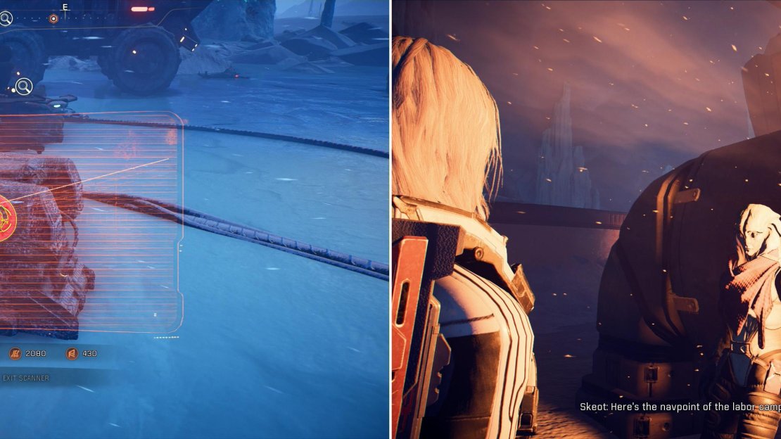 A variety of quest-related objects may randomly spawn at Kett camps on Voeld, like this Angaran Bug (left). Drive to Hjara Station and talk to Skeot to start the quest “Stage a Rescue” (right).